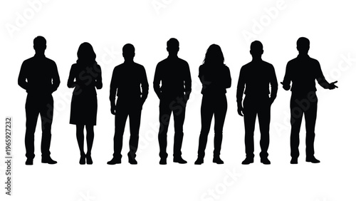 A row of seven people presented as dark solid shapes against a bright backdrop a striking silhouette high quality