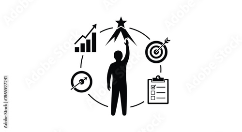 Business success concept with a person reaching for a star surrounded by growth, target, planning, and strategy icons