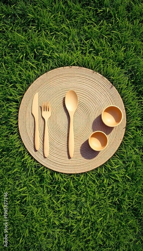 An organic eating setting featuring simple wooden utensils placed on a woven mat over vibrant green grass