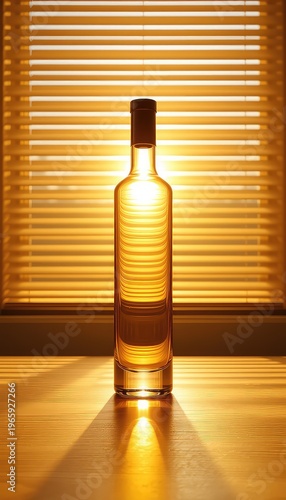 Bottle of golden liquid resting on a wood surface with a warm glow from blinds in the background