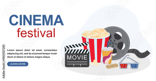 Cinema festival banner design. Movie time illustration  with popcorn, film clapperboard, reel, soda cup, glasses and tickets