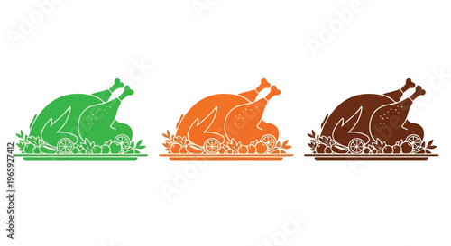 Three colorful roasted turkeys presented on platters with decorative garnishes in green, orange, and brown hues