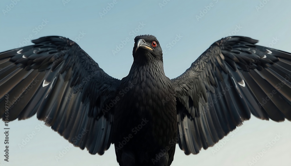 Obraz premium A powerful black bird with impressively spread wings confronts the viewer directly against a pale, minimalistic sky.