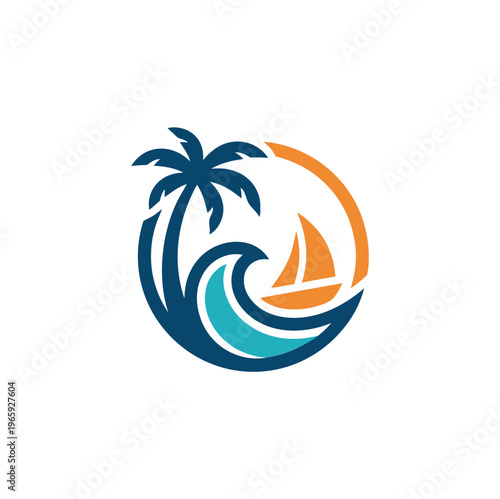 Tropical beach logo with palm tree and sailboat, ocean wave circular emblem, summer vacation travel icon in blue and orange colors