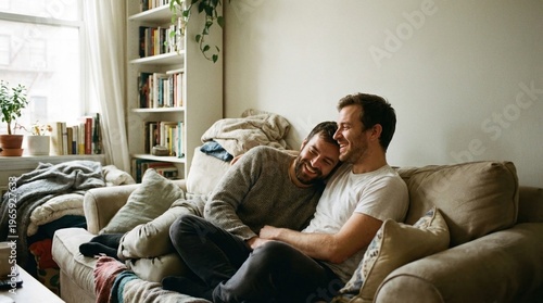 Gay couple same sex couple lgbt couple interracial couple cozy living room cuddle sofa smile affection weekend relaxation, gay couple same sex