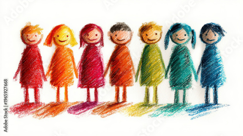 Child drawing crayon drawing children group happy kids colorful clothing simple figure smiling face diverse child sketch style cute art friendship