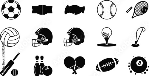 Comprehensive collection of sports equipment silhouettes including football soccer baseball volleyball cricket bowling golf tennis rugby and american football helmet flat vector icons for stock.