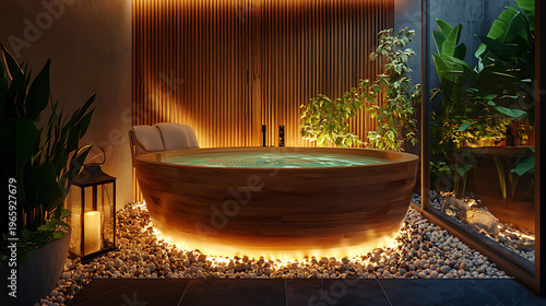Luxurious Outdoor Bathtub Oasis with Ambient Lighting and Lush Greenery.