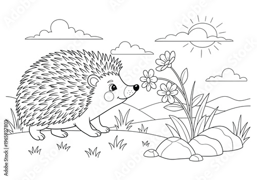 Cute cartoon hedgehog sniffing a flower in a meadow, coloring page for kids, vector illustration