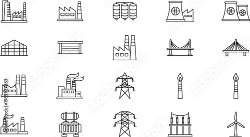 Industrial facilities and energy infrastructure vector icon set featuring factory plants power grids cooling towers and renewable energy symbols.
