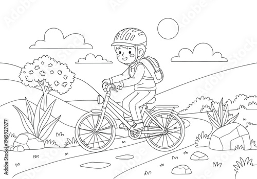 A happy young boy riding a bicycle on a scenic outdoor trail, wearing a helmet and a backpack, surrounded by trees, plants, and a sunny sky, coloring page for kids