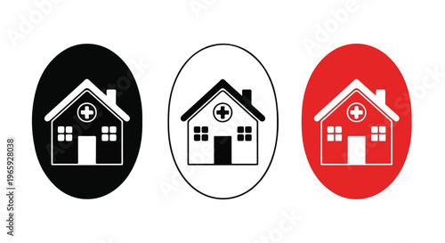 Three simple medical clinic icons showing a house symbol with a cross, representing healthcare services and facilities