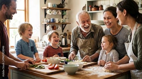 Happy family kitchen cooking multigeneration parent grandparent child laugh smile vegetable dough home interior togetherness
