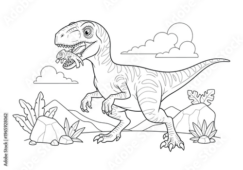 Coloring page for children with a cute dinosaur eating a small lizard in a prehistoric landscape with plants, rocks, and clouds