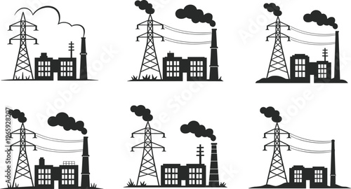 Industrial factory silhouettes with smokestacks emitting smoke and transmission towers, representing energy production, electricity infrastructure, pollution impact