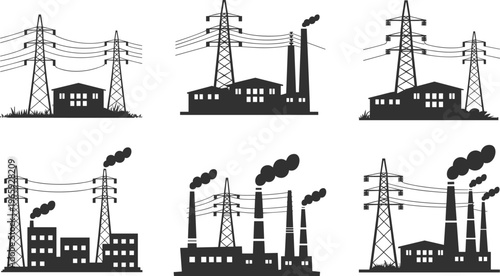 Industrial power plant silhouettes with transmission towers, factory buildings, and smokestacks emitting smoke, representing electricity generation, energy supply