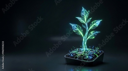 Futuristic plant growing from a technological base with glowing leaves  