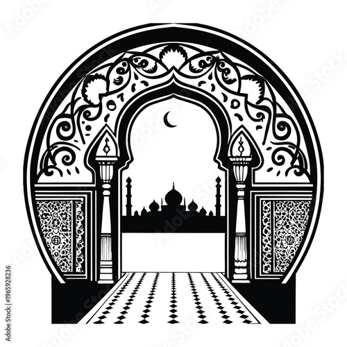 Arab doorway framing a serene Islamic skyline, with domes and minarets rising against the sky. Ornate arches and patterns create a peaceful, majestic scene beyond the entrance.
