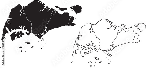 Singapore map illustration with black filled and outline versions side by side