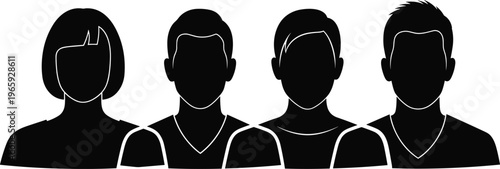 Group of diverse people silhouettes representing team members, professional business community, human avatars, social network profile icons, and collaborative partnership set for web design.