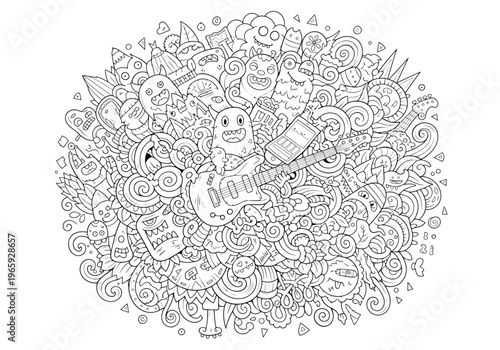 Doodle vector illustration of musical monsters, cute creatures playing guitar, music festival concept, handdrawn cartoon characters, fun artistic pattern