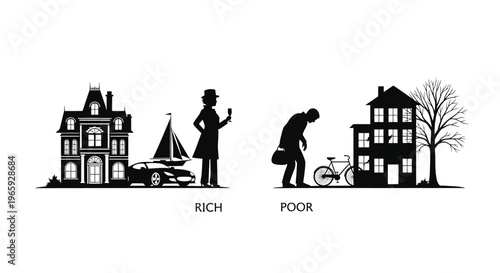 Comparison between rich and poor lifestyle, silhouette illustration of wealthy person with mansion, car and yacht versus impoverished person with small house and bicycle