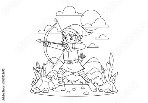 Cute elf boy archer aiming with a bow and arrow in a fantasy forest landscape, coloring page for children