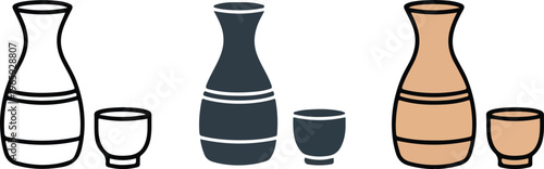 Set of minimalist sake bottle and cup icons in outline silhouette and colorful blue flat vector Japanese rice wine styles.