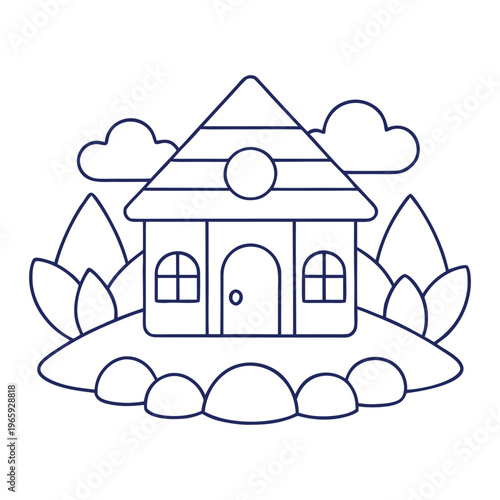 A cute cartoon house sits in a bright landscape, surrounded by rolling green hills, colorful flowers, and a sunny sky. A winding path leads to its cheerful little door.