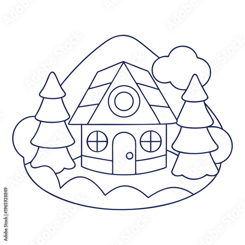 A cute cartoon house sits in a bright landscape, surrounded by rolling green hills, colorful flowers, and a sunny sky. A winding path leads to its cheerful little door.