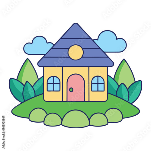 A cute cartoon house sits in a bright landscape, surrounded by rolling green hills, colorful flowers, and a sunny sky. A winding path leads to its cheerful little door.