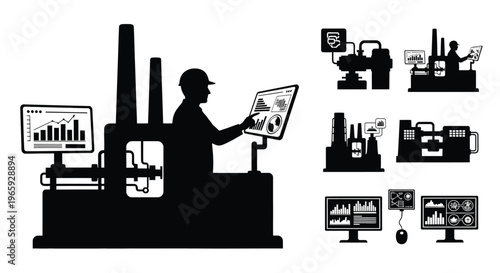 Industrial manufacturing process control and monitoring, factory automation, smart industry, data analytics, production management, digital dashboard, vector illustration