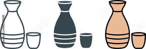 Set of minimalist sake bottle and cup icons in outline silhouette and colorful blue flat vector Japanese rice wine styles.