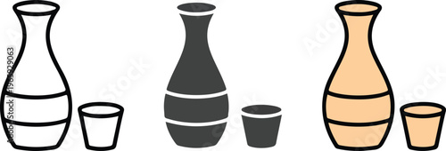 Set of minimalist sake bottle and cup icons in outline silhouette and colorful blue flat vector Japanese rice wine styles.