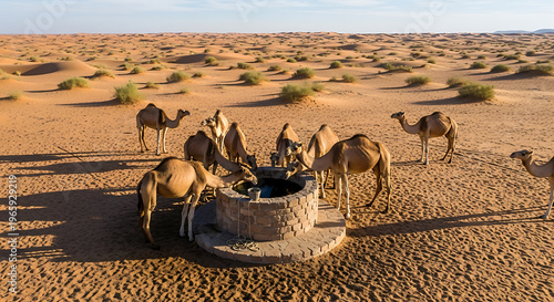 Camels gather around a stone well in a vast, arid desert landscape under a clear sky.