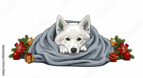 Adorable white dog bundled in a cozy blanket, surrounded by festive Christmas decorations