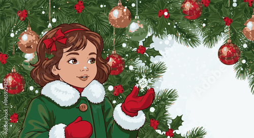 A young girl in a festive green coat and red mittens catches a snowflake near a decorated Christmas tree