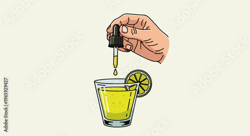 Hand adding liquid drop to cocktail with lime slice