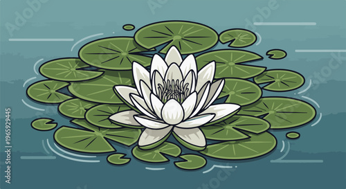A stylized illustration of a white water lily blooming among green lily pads on blue water