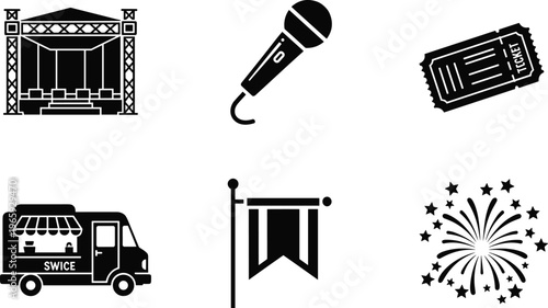 Music festival and outdoor event silhouette icon set featuring a stage, microphone, ticket, food truck, pennant flag, and fireworks for celebration and concert designs.