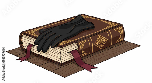 An old leather book with a black glove and burgundy ribbon lies on a wooden surface