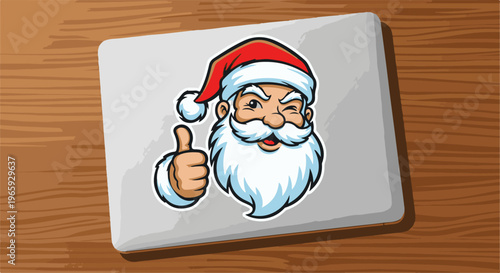 Cheerful cartoon Santa Claus winks and gives a thumbs up on a grey surface