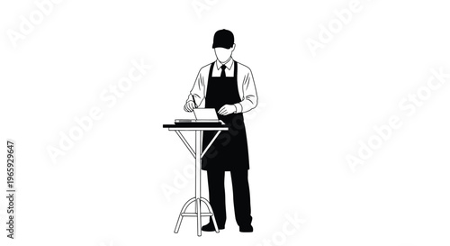 A waiter or barista wearing an apron and a cap standing at a high table, writing on a notepad or taking an order, professional service industry concept illustration
