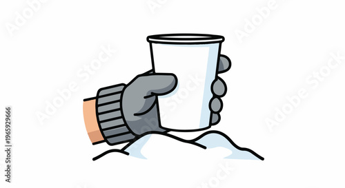 Hand in glove holding a paper cup over snow