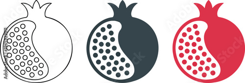 Minimalist pomegranate fruit vector icons set featuring outline silhouette and red color flat designs with seeds isolated on white background 