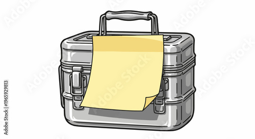 A silver metal briefcase with a yellow paper note attached to the front