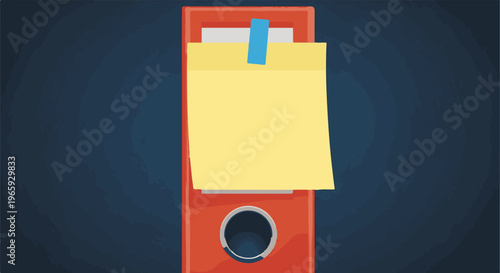 Bright yellow sticky note affixed to a red office folder with a blue tape