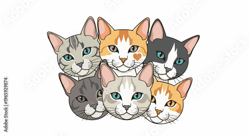 Six cute cartoon cats with varying patterns and blue eyes peek into the frame
