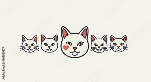 Five hand-drawn white cat faces with pink ears and yellow eyes, a central one winks