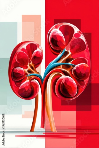 Anatomical red kidney vector illustration with medical organ detail and modern graphic design